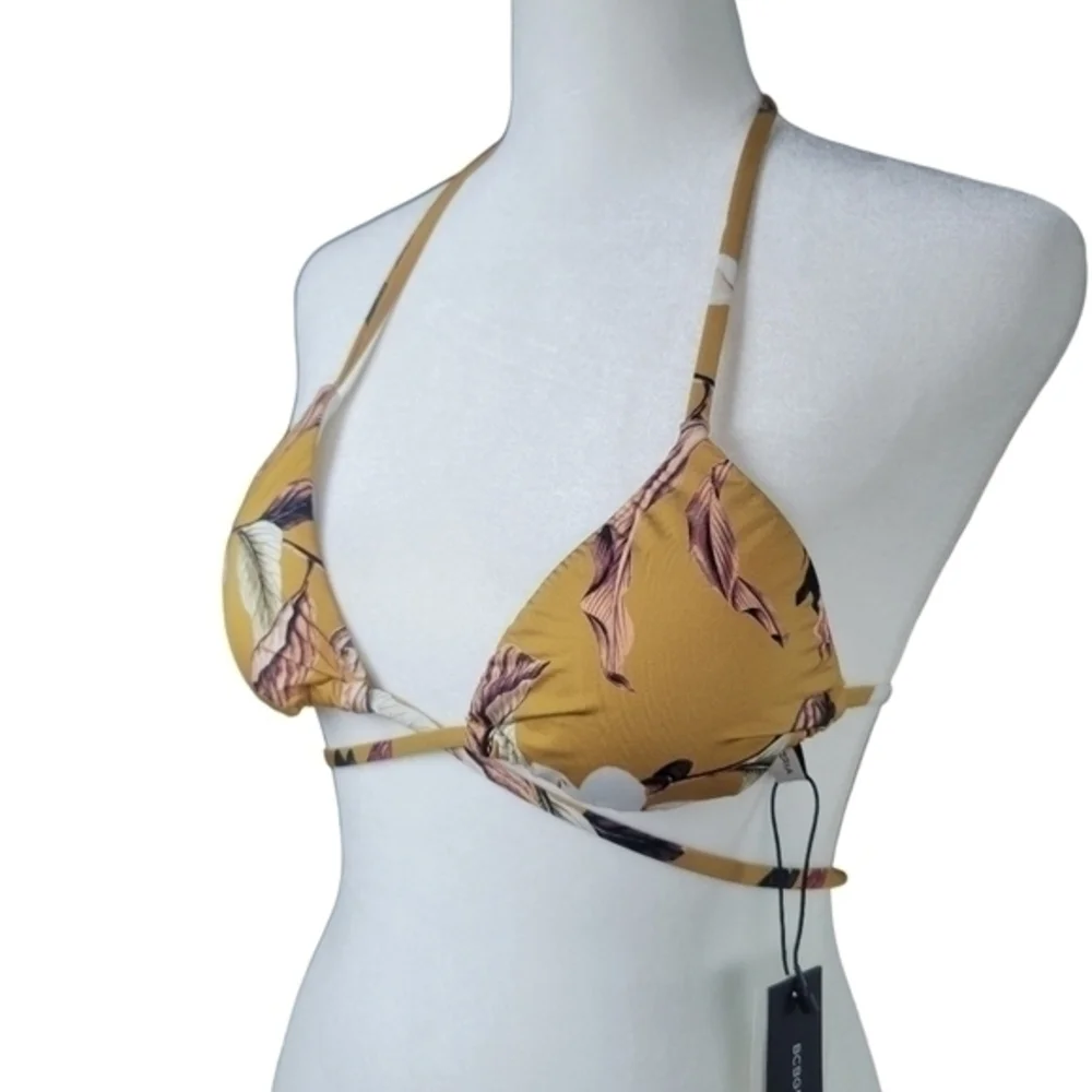 BCBG‎ MAXAZRIA Bikini Bra Top Size 2 Gold Strappy Halter Tri Tie Floral Swimsuit